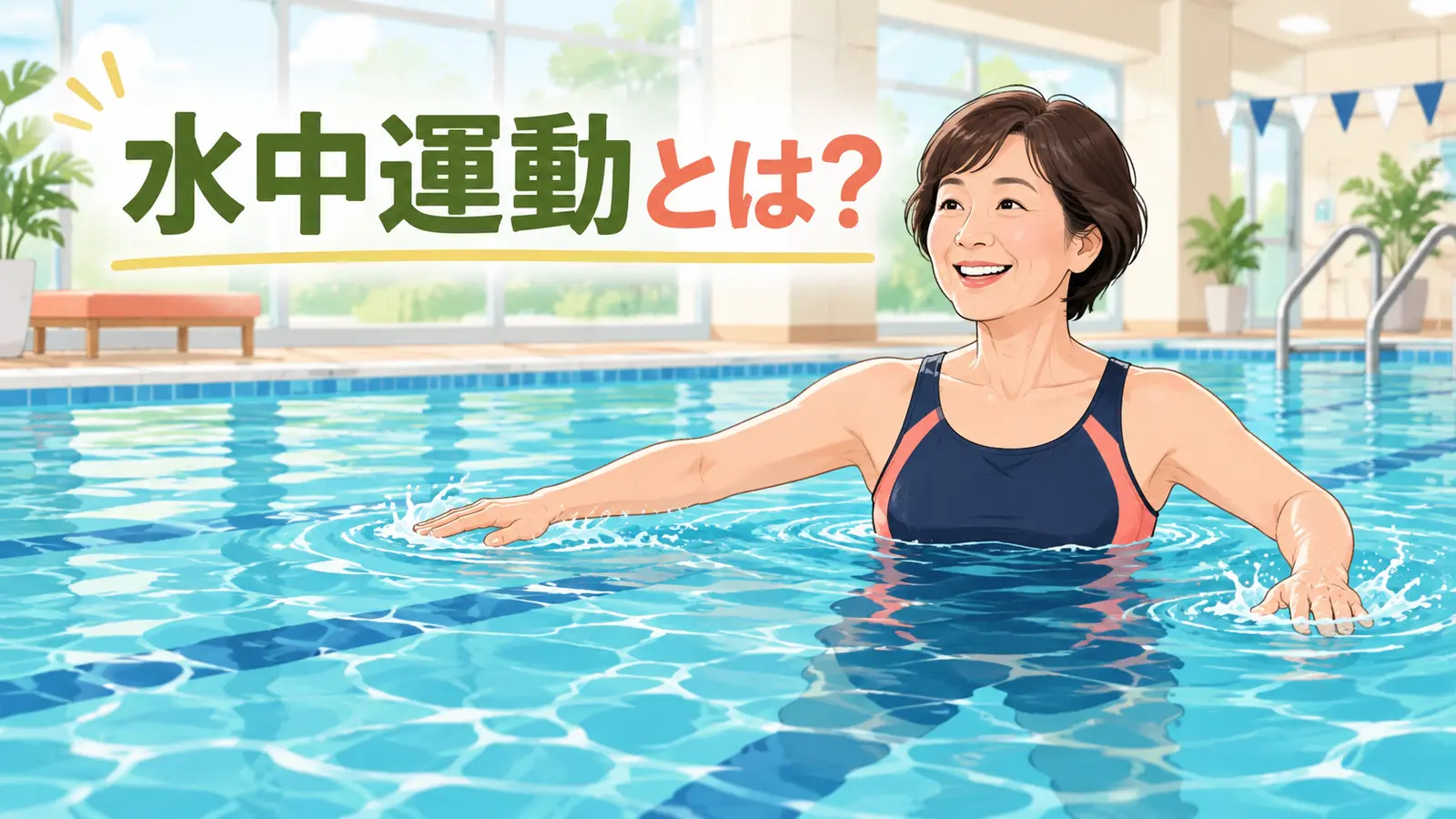 屋内プールで水中運動を行う女性と「水中運動とは?」の見出し