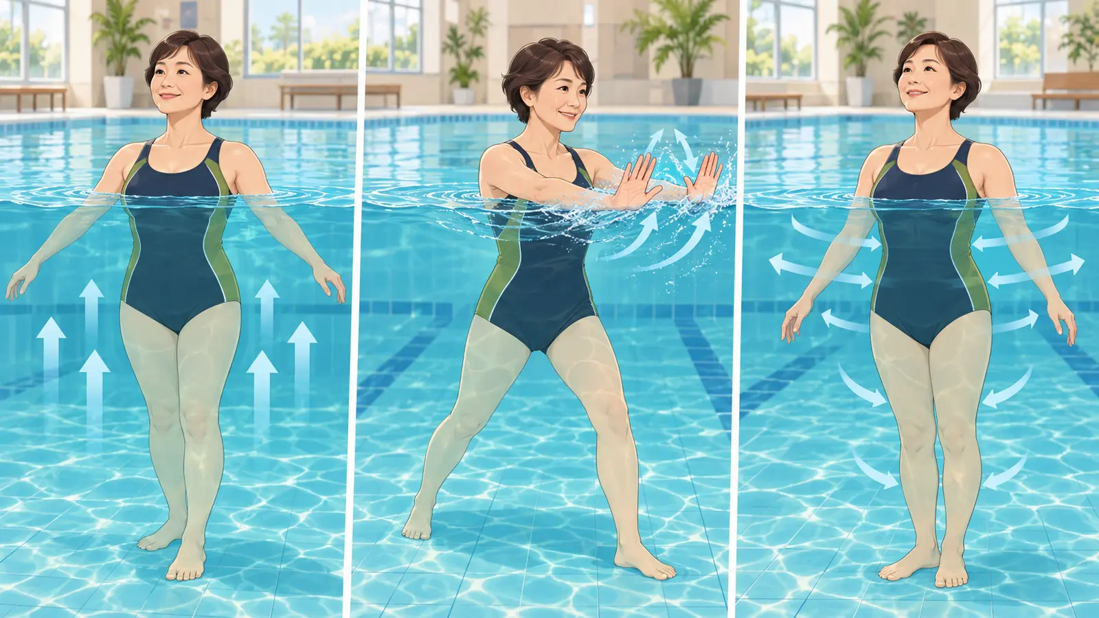 水中運動の浮力・抵抗・水圧を3つの動作で示したイラスト