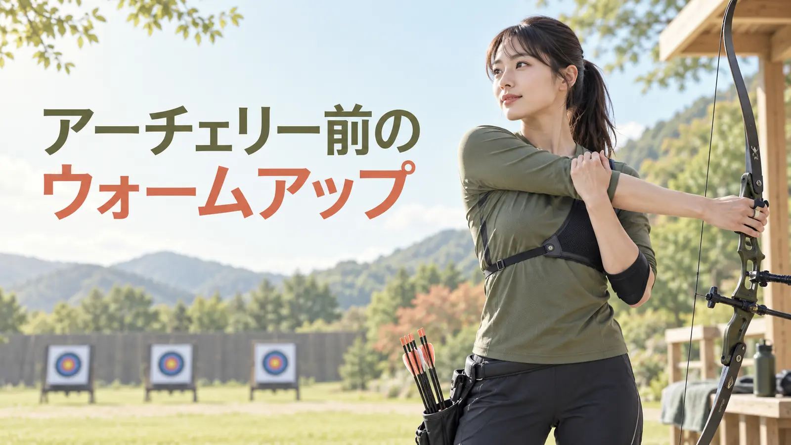 アーチェリー前に肩甲骨と手首を動かすウォームアップ