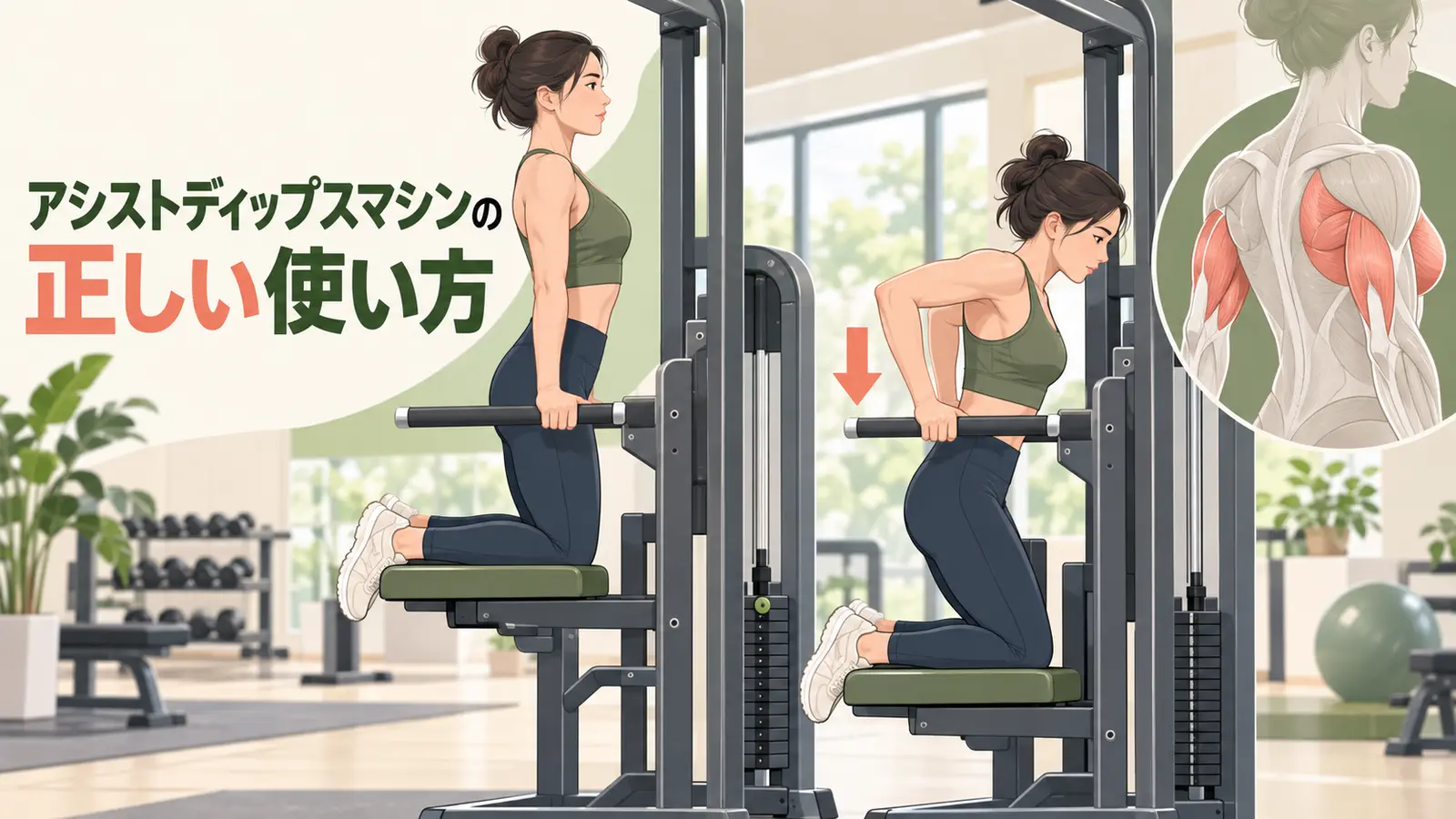 アシストディップスマシンを正しい姿勢で行うイラスト