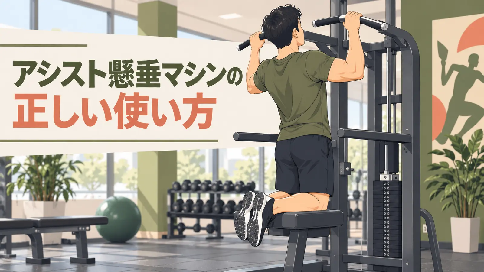 アシスト懸垂マシンを正しいフォームで行うイラスト