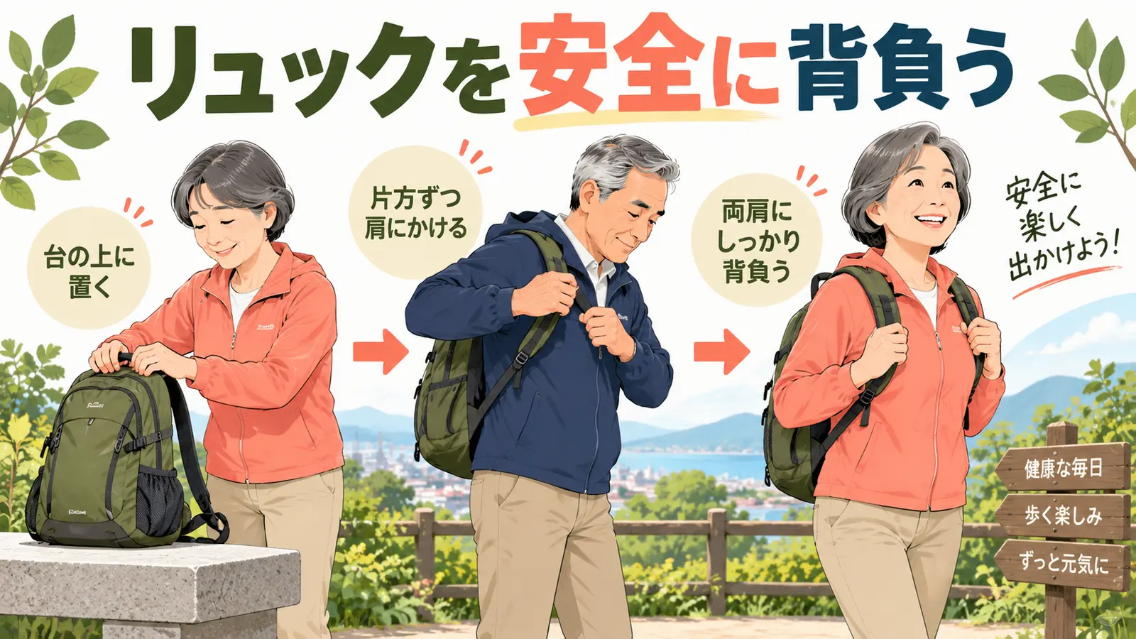 リュックを台に置いて片腕ずつ安全に背負う中高年