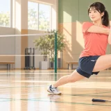 バドミントン前にランジを行う選手