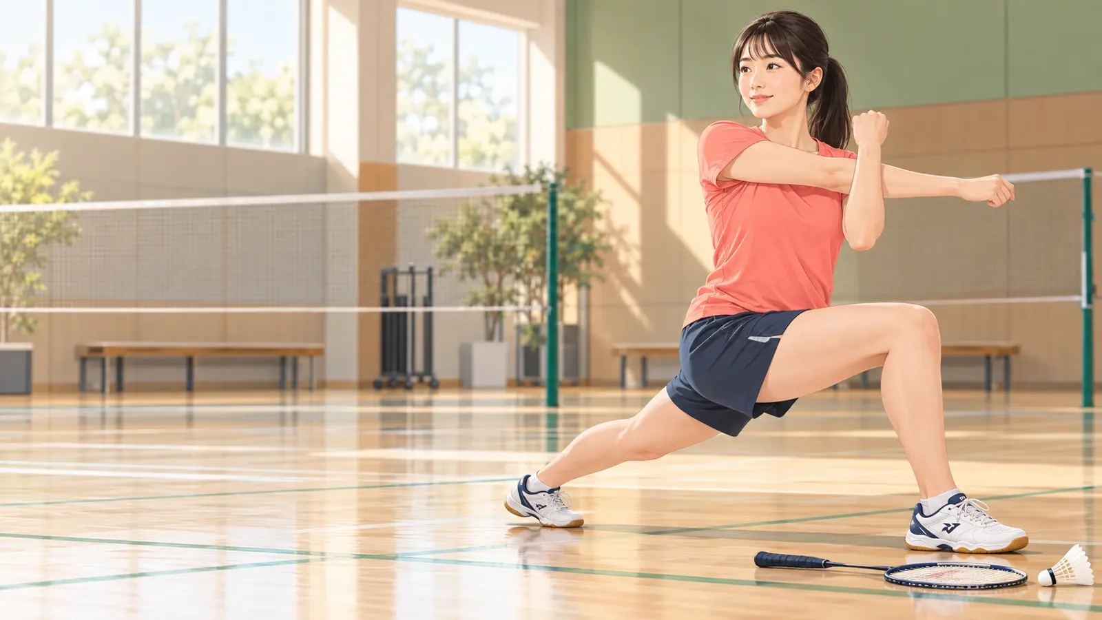 バドミントン前にランジを行う選手