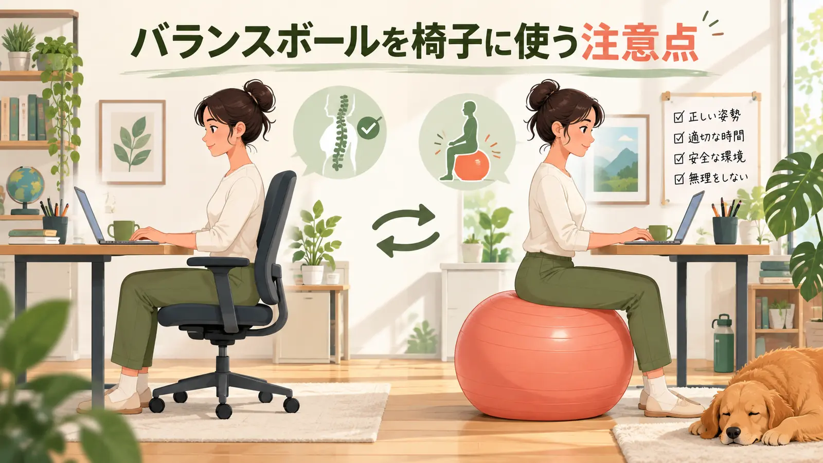短時間だけバランスボールに座るデスクワーカー