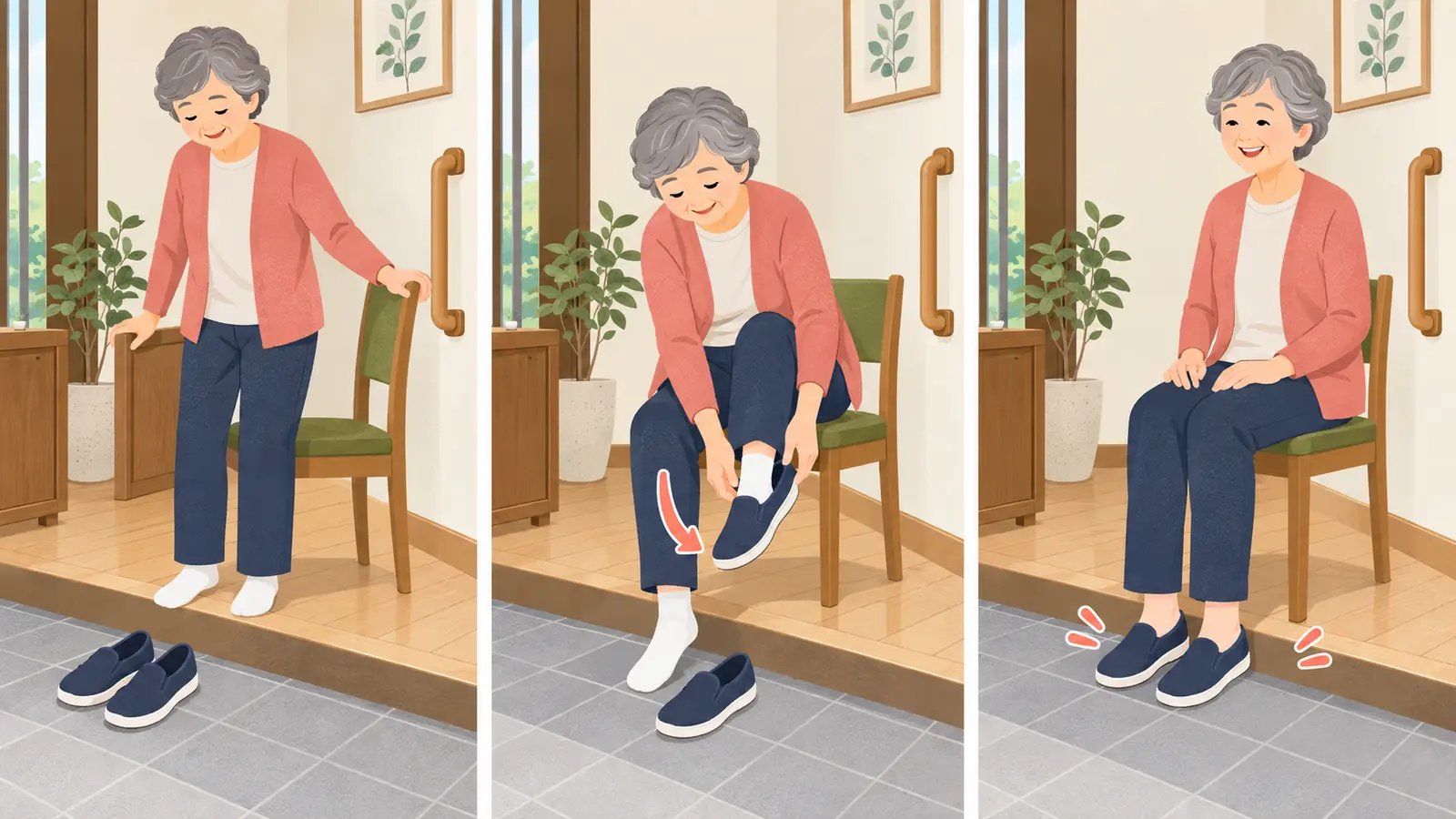 立って靴を履くバランスに役立つ運動手順のイラスト