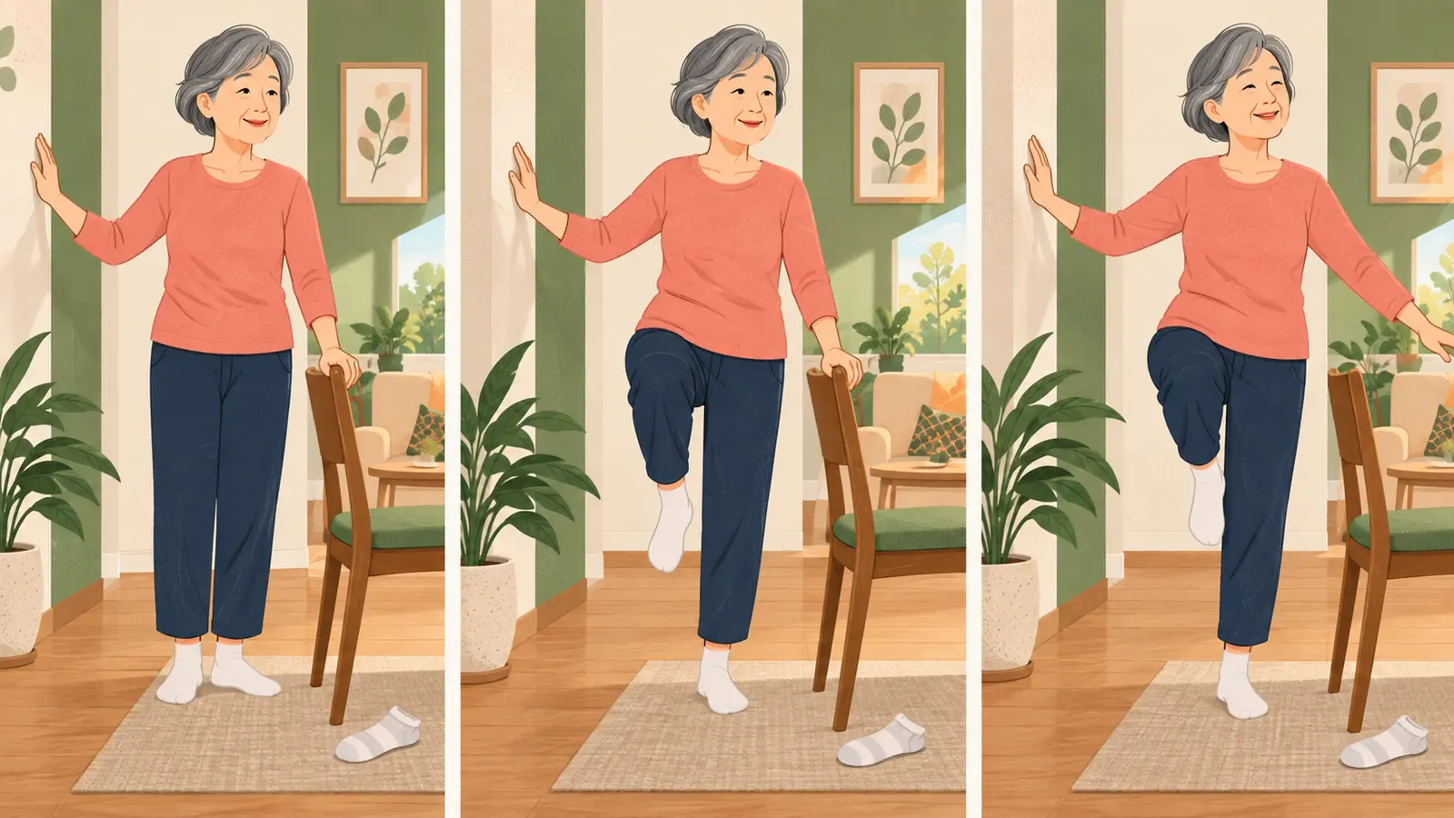 靴下を立って履くバランスに役立つ運動手順のイラスト