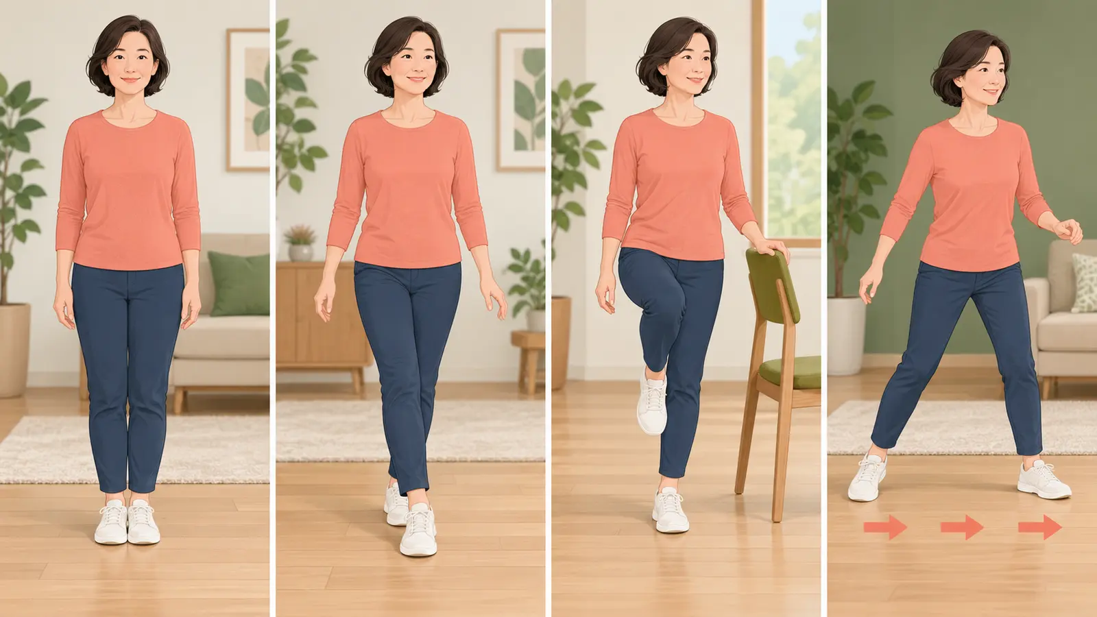 中高年のバランストレーニングの基本動作と負荷調整を示すイラスト