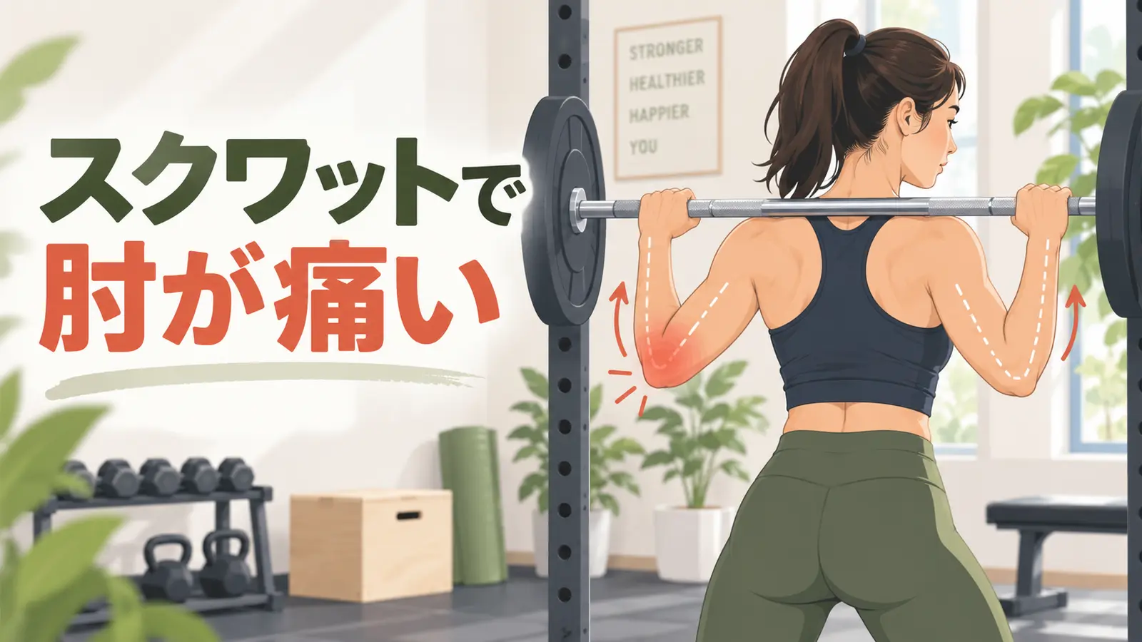 スクワットの握り幅と肘を確認するアイキャッチ