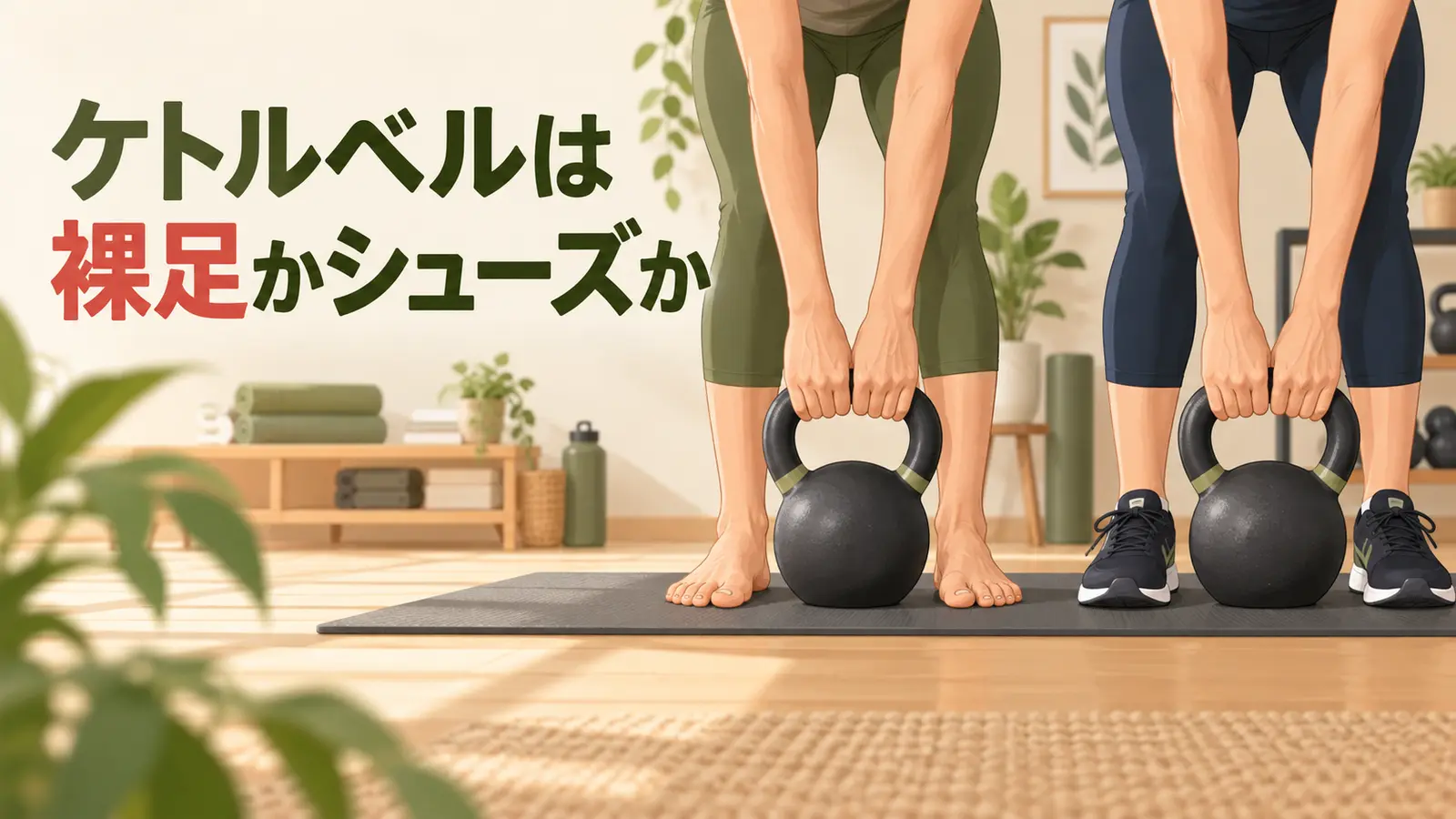 ケトルベルは裸足かシューズかの内容を表すアイキャッチイラスト