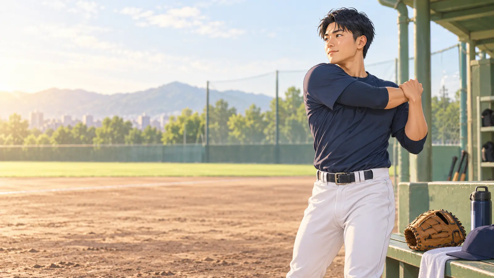 野球練習前に肩と体幹を準備する選手