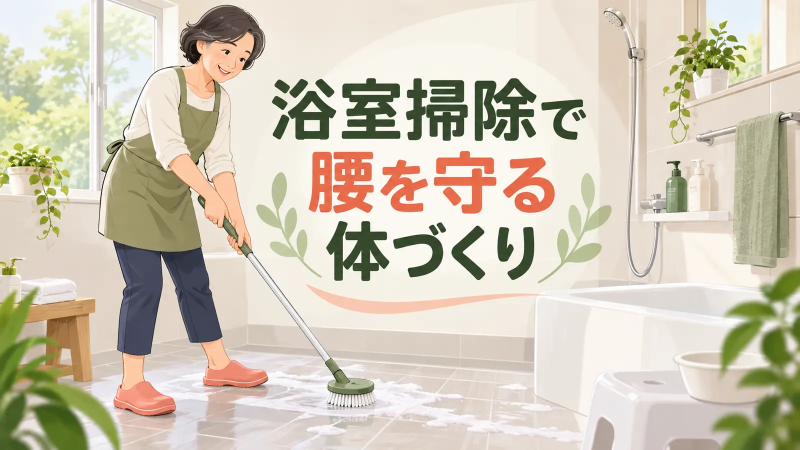 長柄ブラシで腰を曲げすぎず浴室を掃除する女性