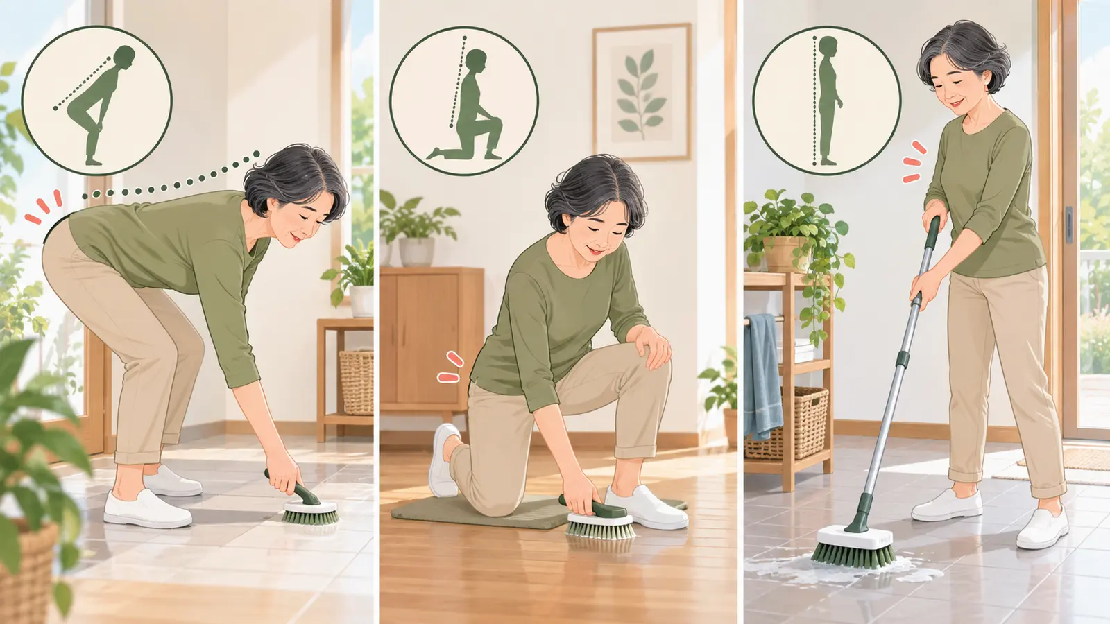 ヒップヒンジと片膝立ちと長柄ブラシの使い分け