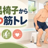 手すりを使い風呂椅子から立つ高齢男性