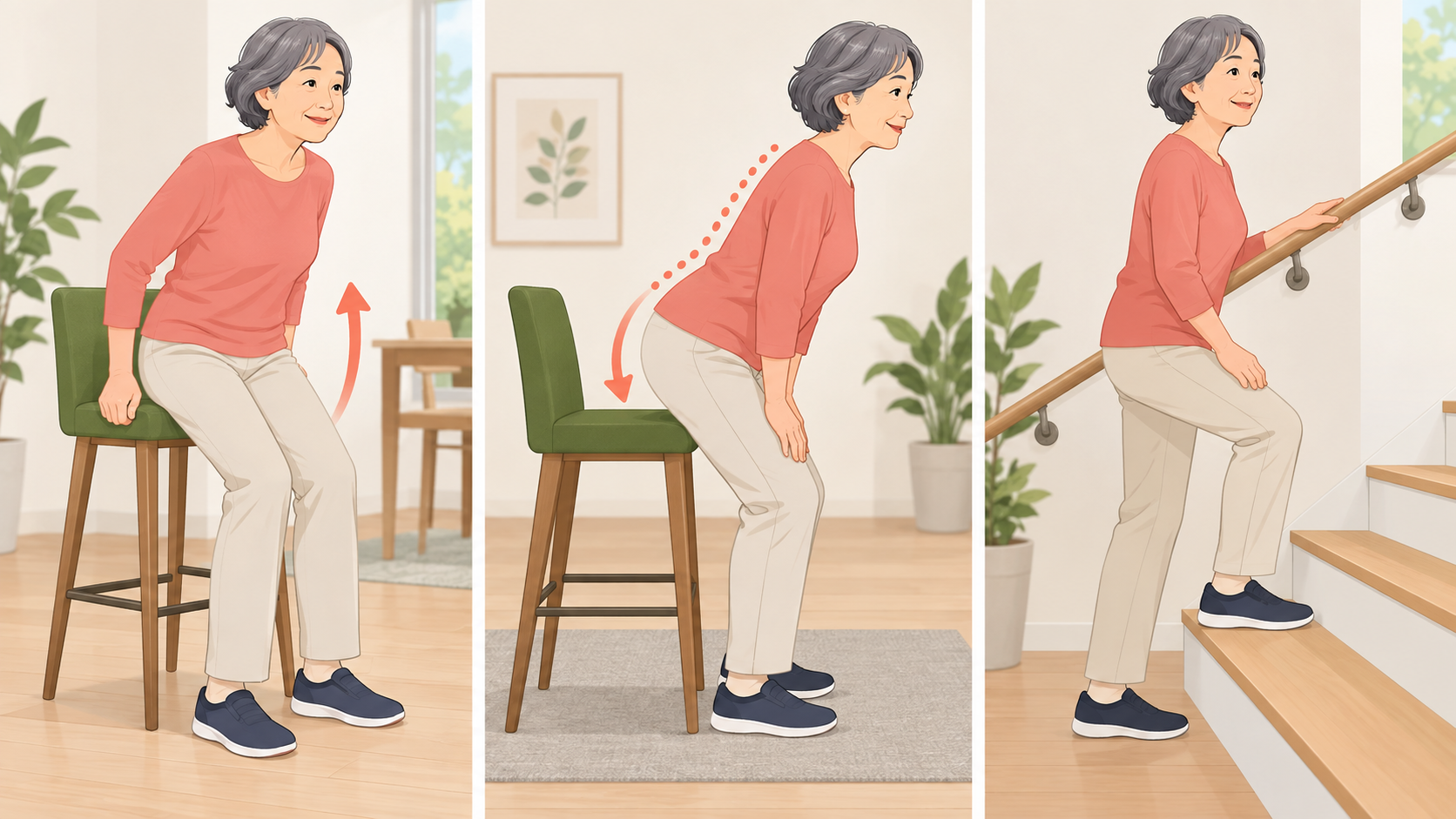 高い椅子での立ち座りと手すり使用