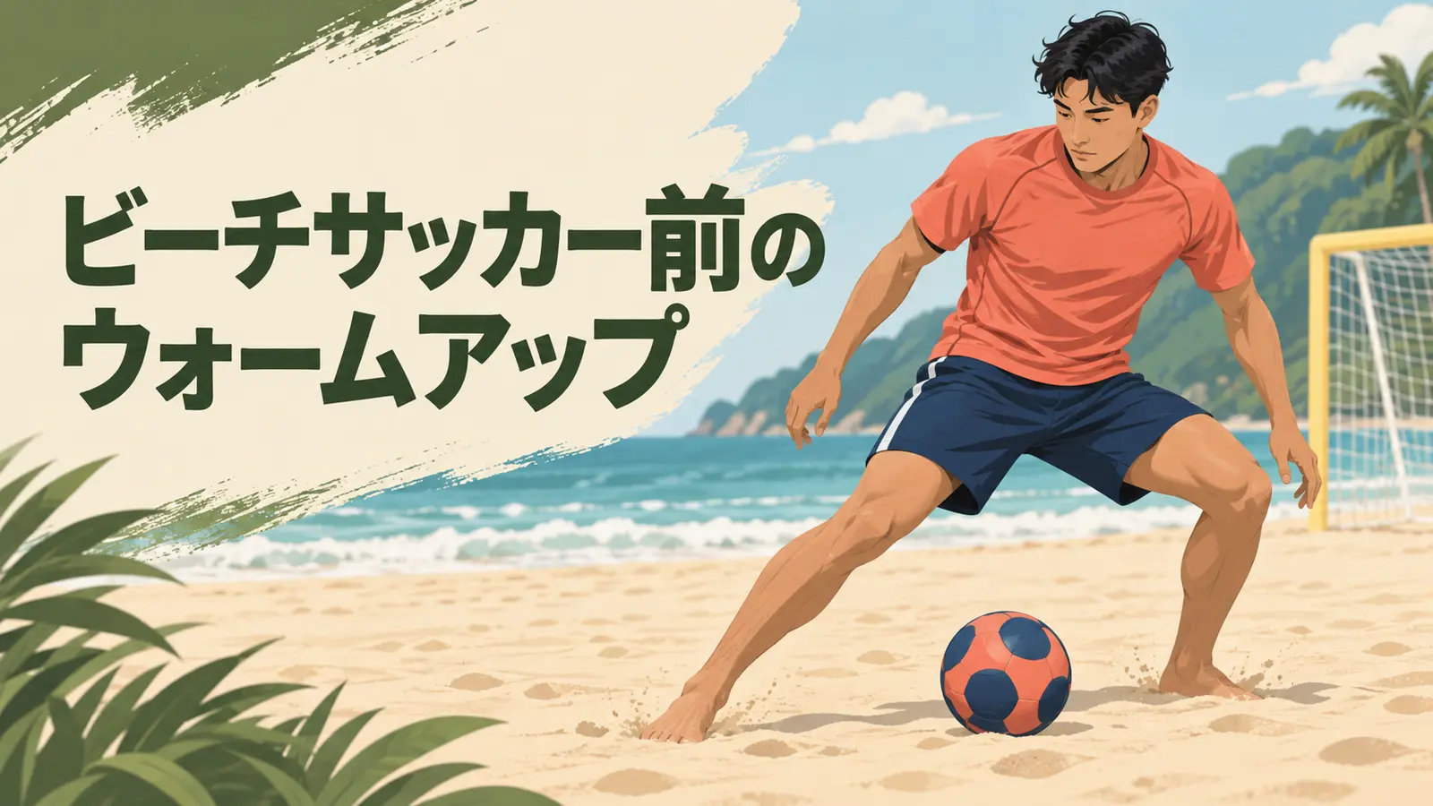 ビーチサッカー前にウォームアップを行う様子