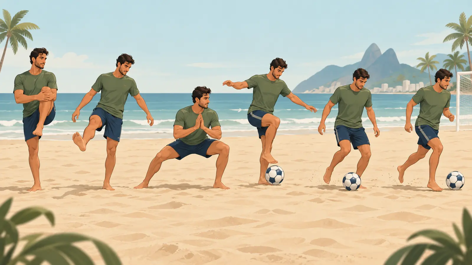 ビーチサッカー前のウォームアップ手順を示すイラスト