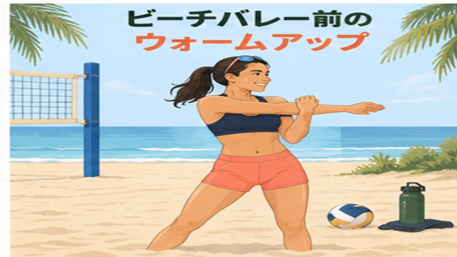 ビーチバレー前にウォームアップする人物のイラスト
