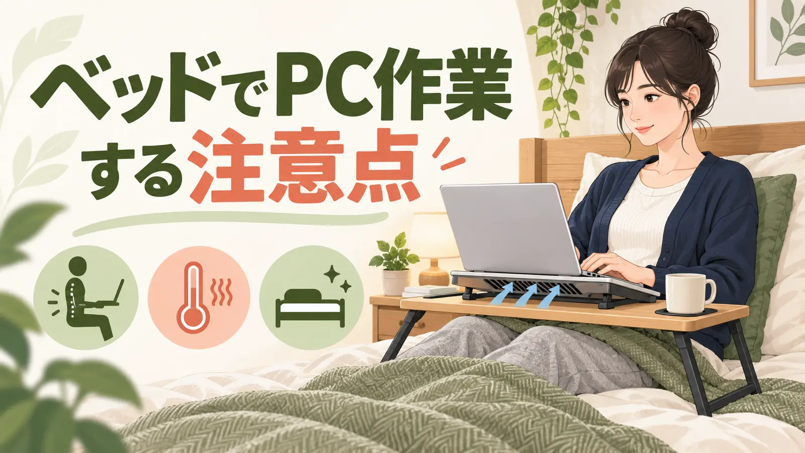 ベッド上で安定した台を使い短時間作業する人