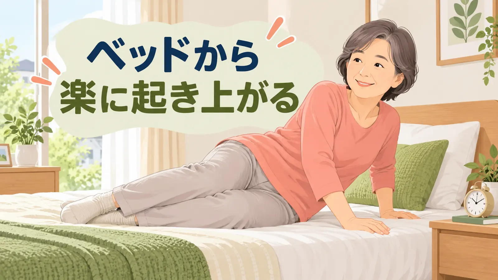 ベッドから横向きで安全に起き上がる中高年女性