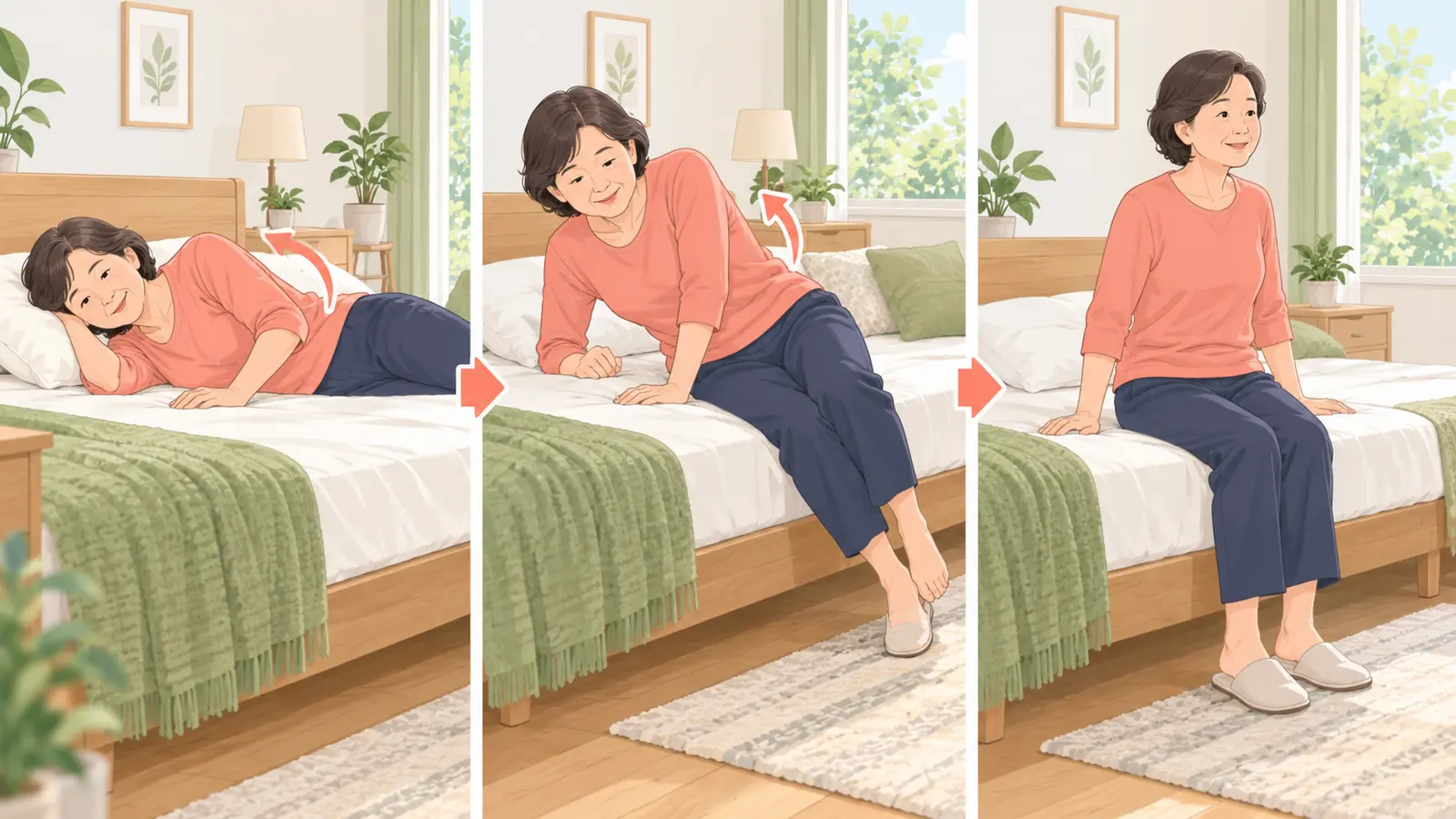 横向きから腕と脚を使って起き上がる3段階