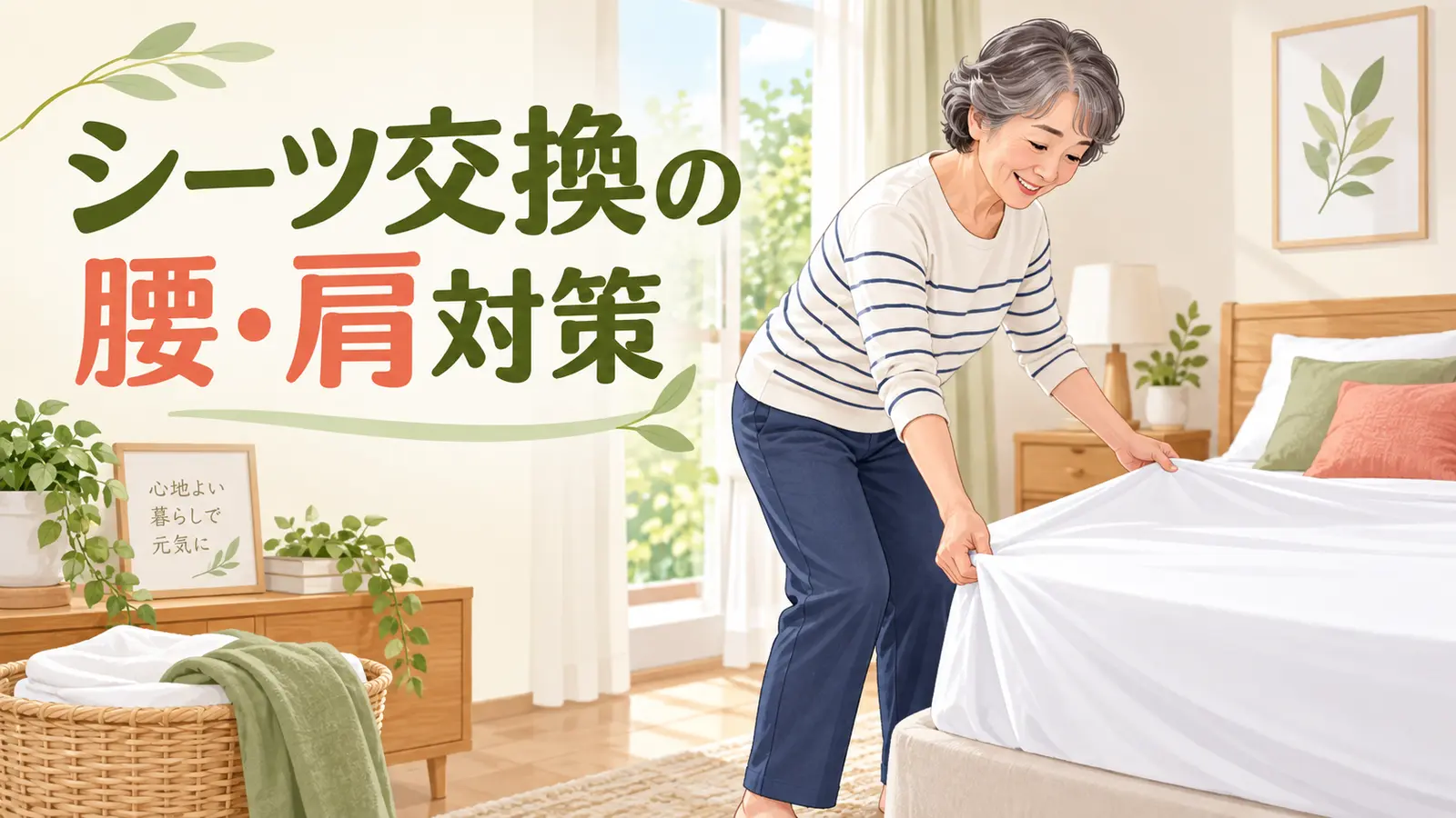 ベッドシーツを一辺ずつ整える中高年女性