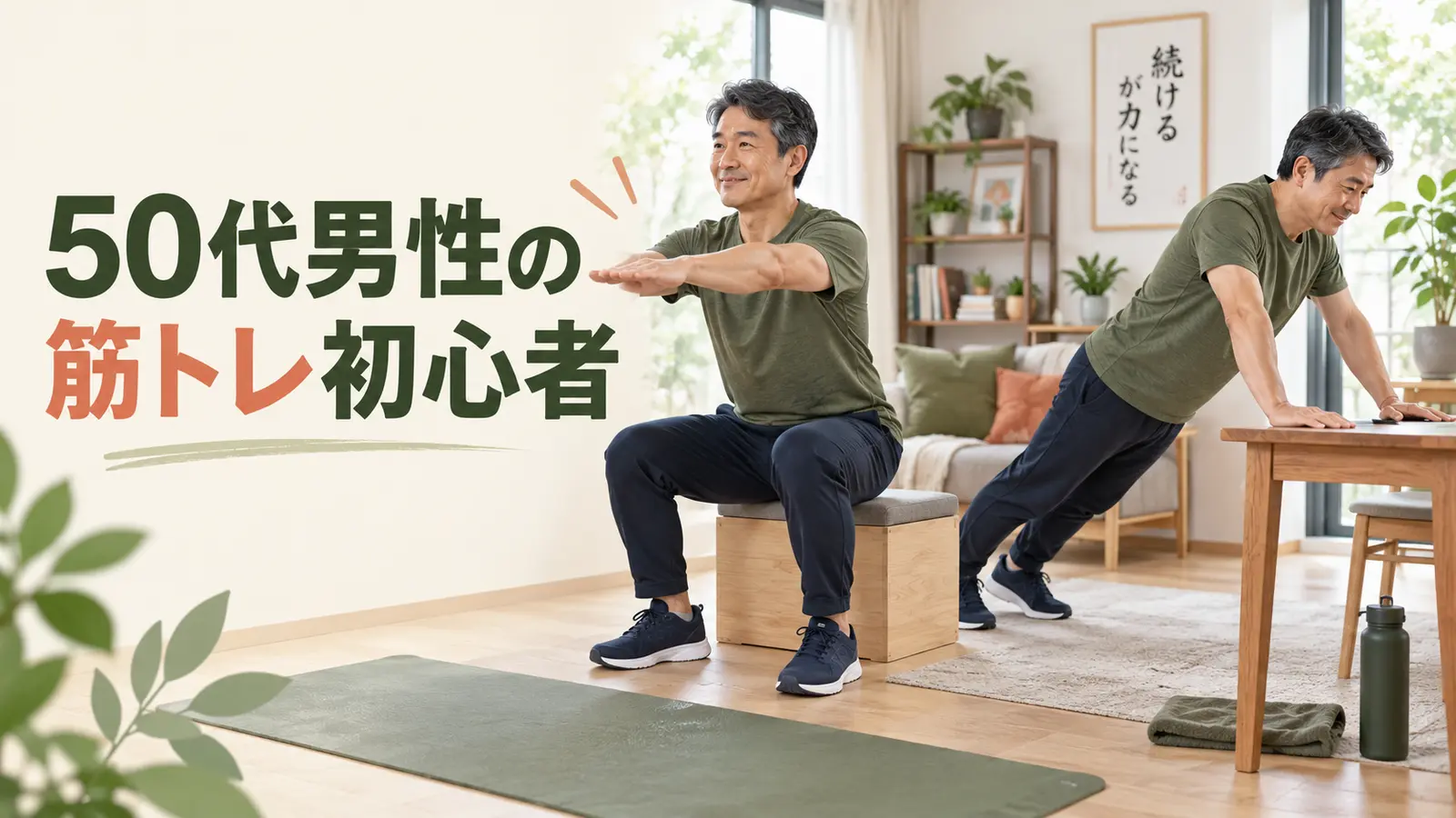 50代男性の筋トレ初心者メニューの基本動作と負荷調整を示すイラスト