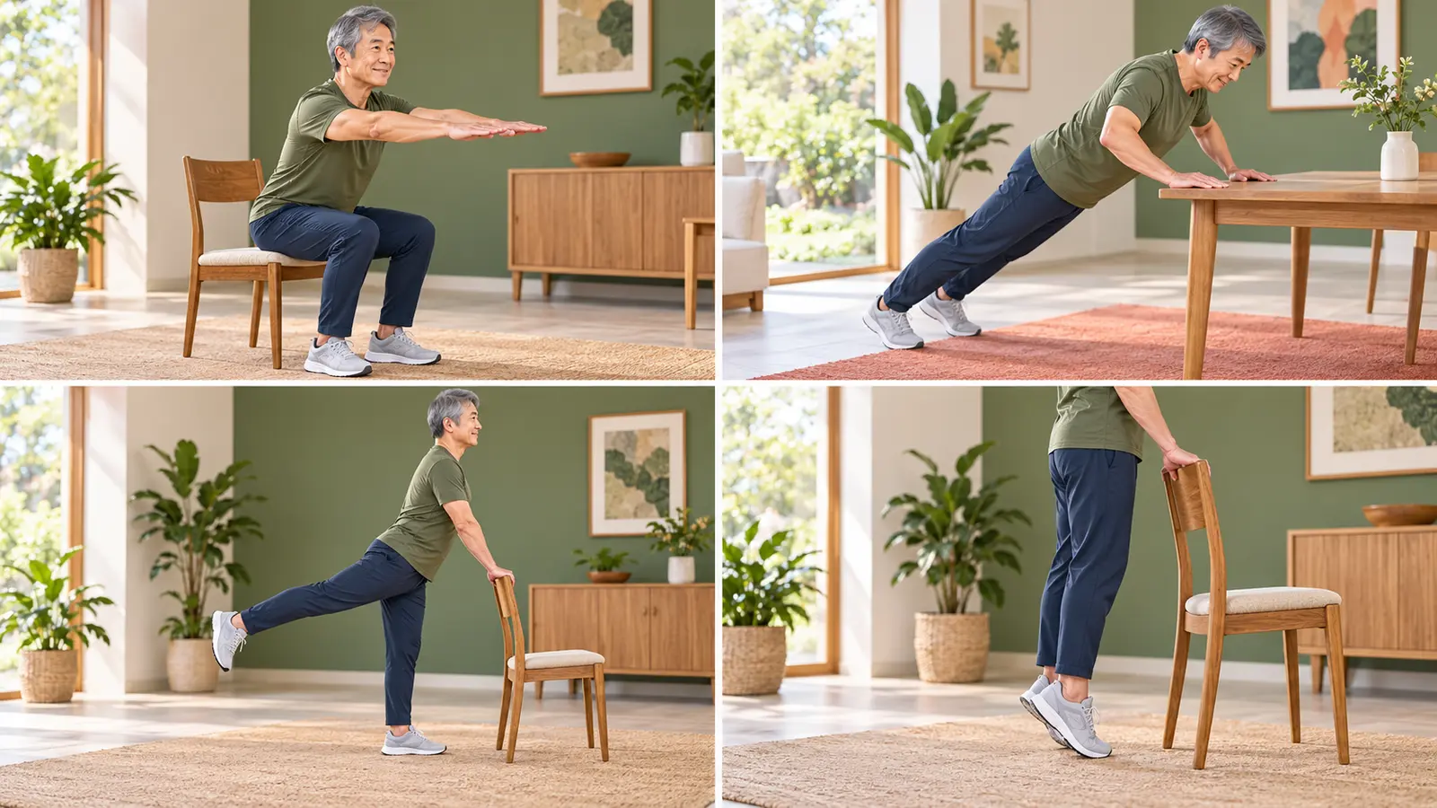 60代男性の筋トレ初心者メニューの基本動作を示す図