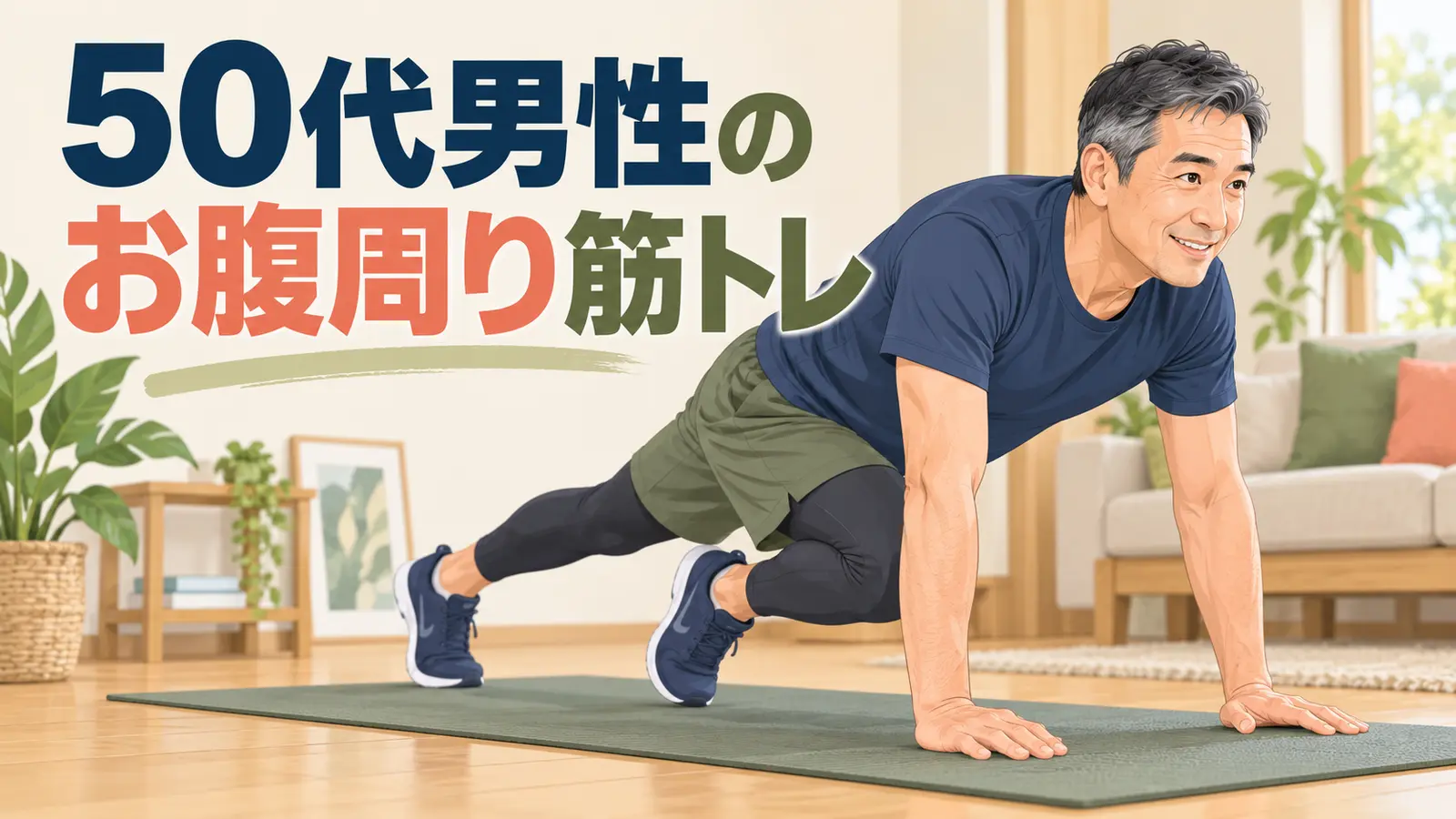 50代男性のお腹周りの筋トレを実践する中高年のイラスト