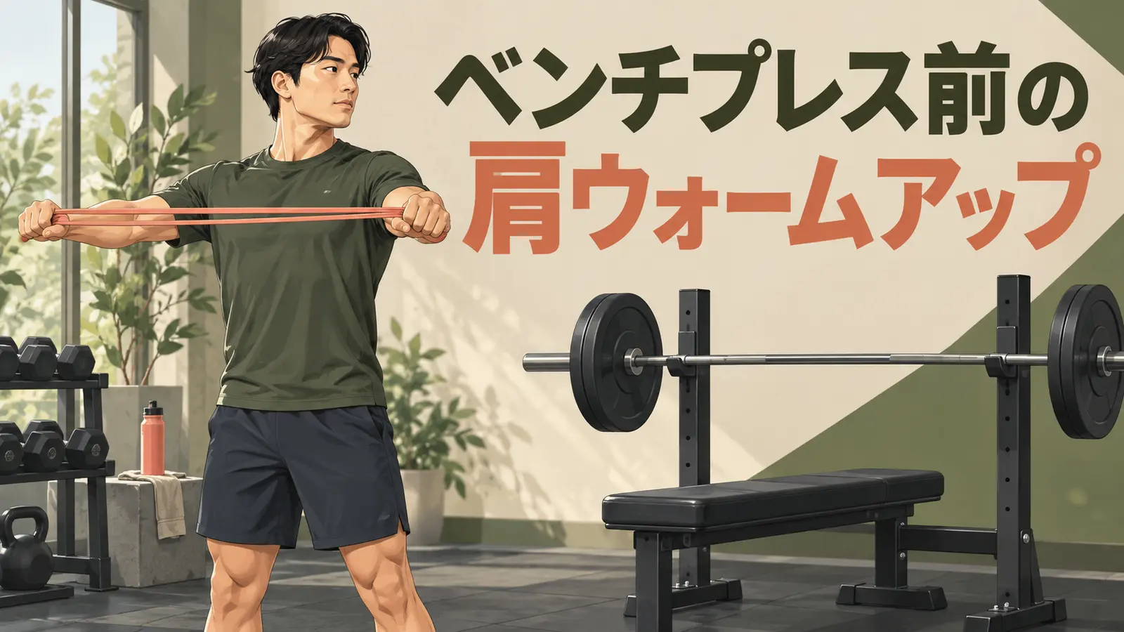 ベンチプレス前の肩ウォームアップを行う人物