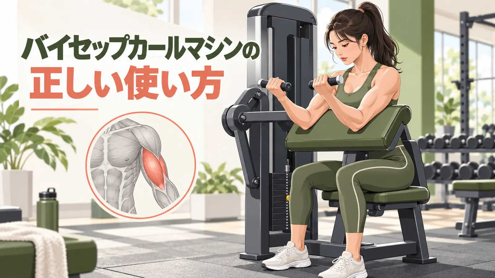 バイセップカールマシンを正しい姿勢で行うイラスト