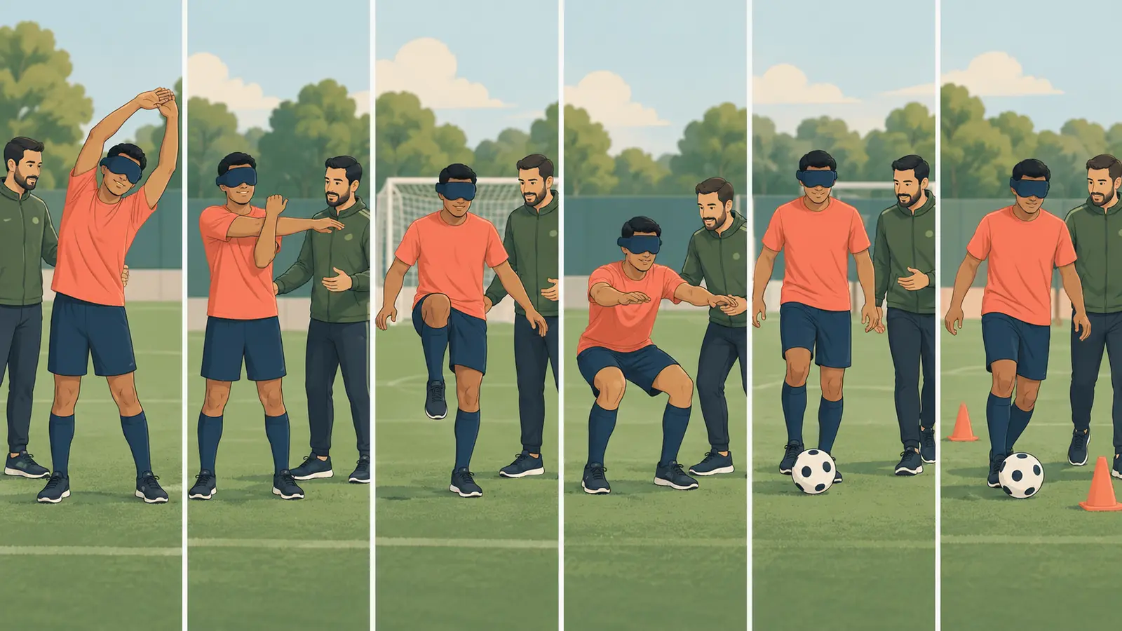 ブラインドサッカー前のウォームアップ手順を示すイラスト