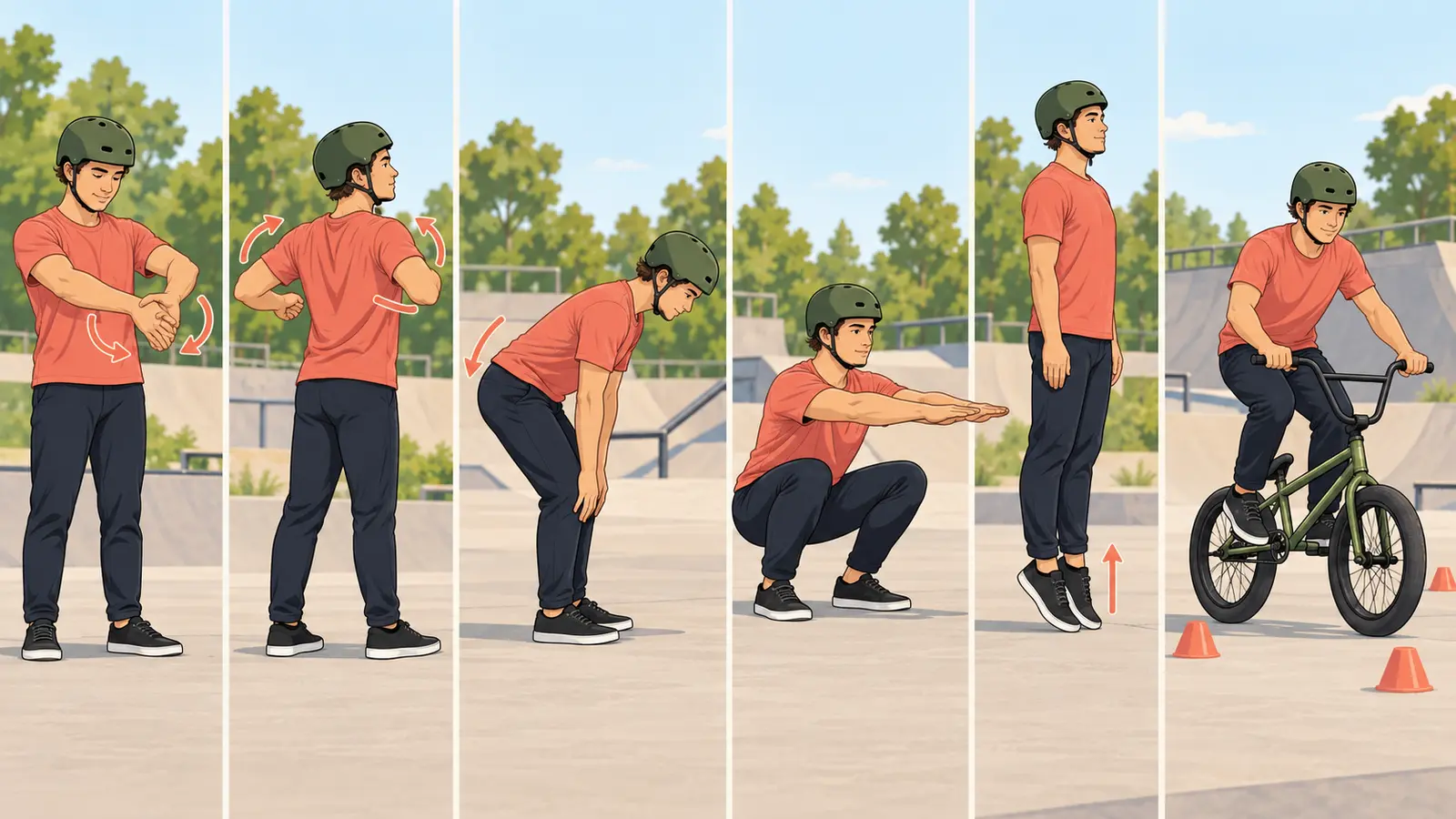 BMX前のウォームアップ手順を示すイラスト