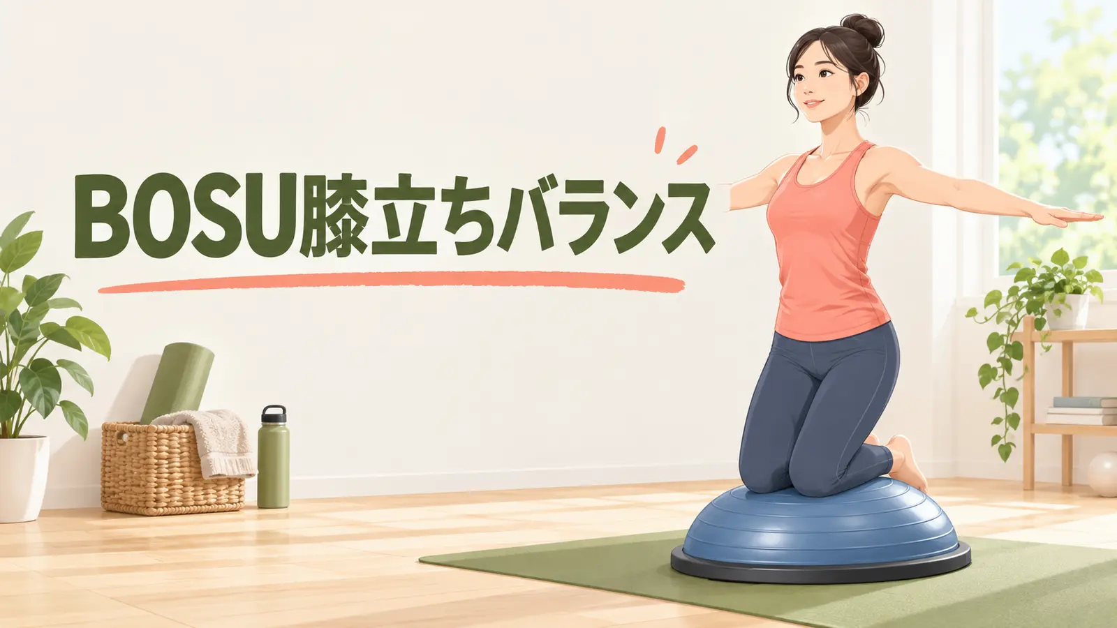 BOSU膝立ちバランスの安全なやり方を示すイラスト
