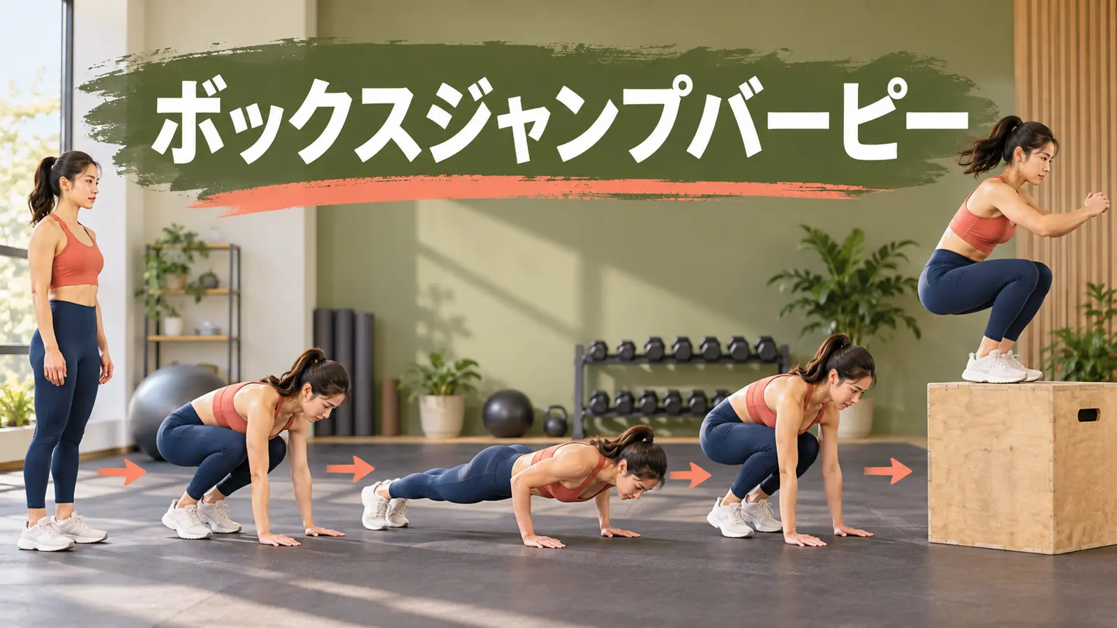 低い箱で安全にバーピーとジャンプを行う様子