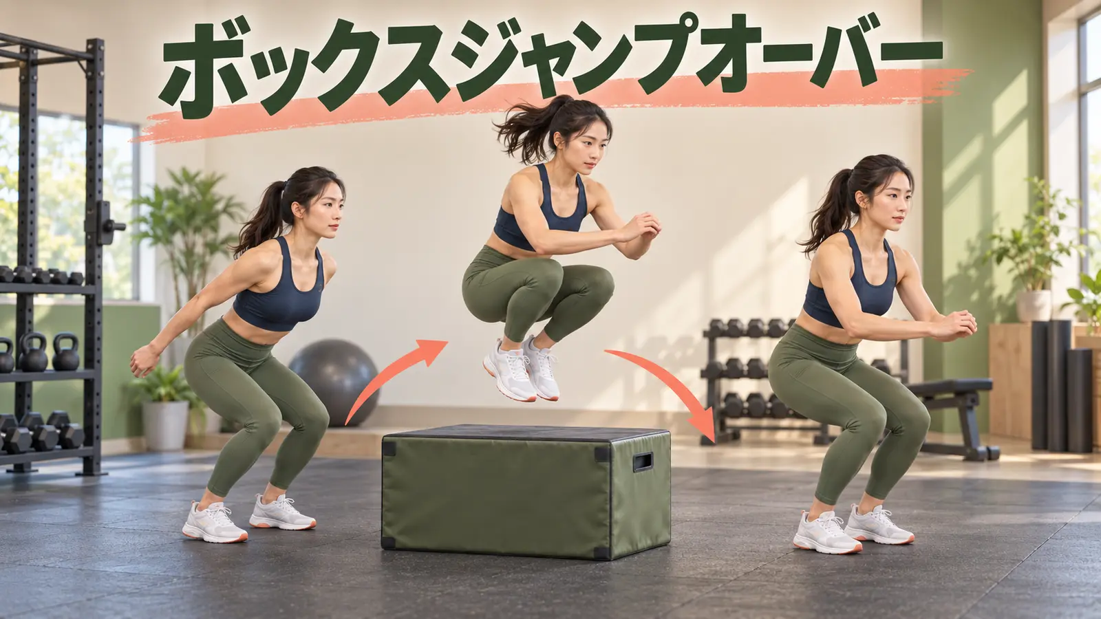 低い箱を安全に越えて着地するボックスジャンプオーバー