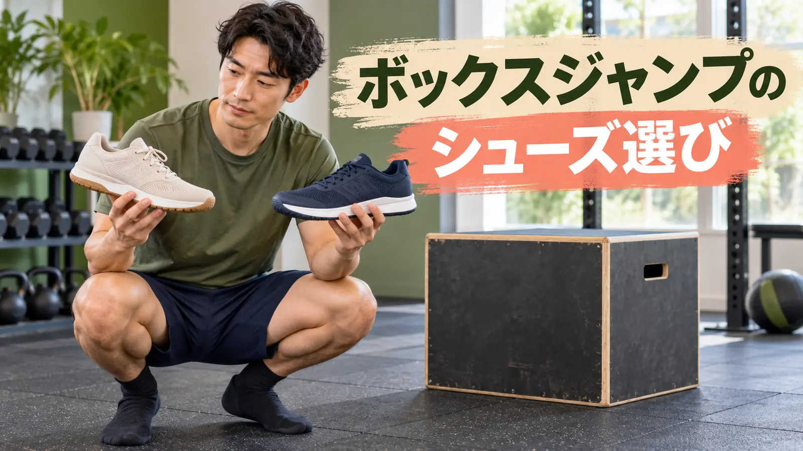プライオボックスの前でトレーニングシューズを比較する様子
