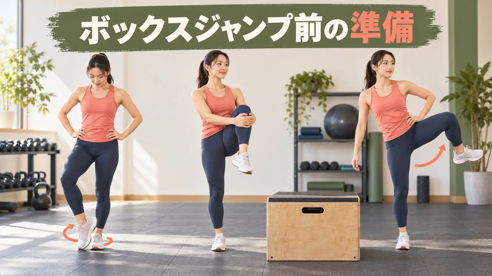 ボックスの前で足首・膝・股関節を準備する様子