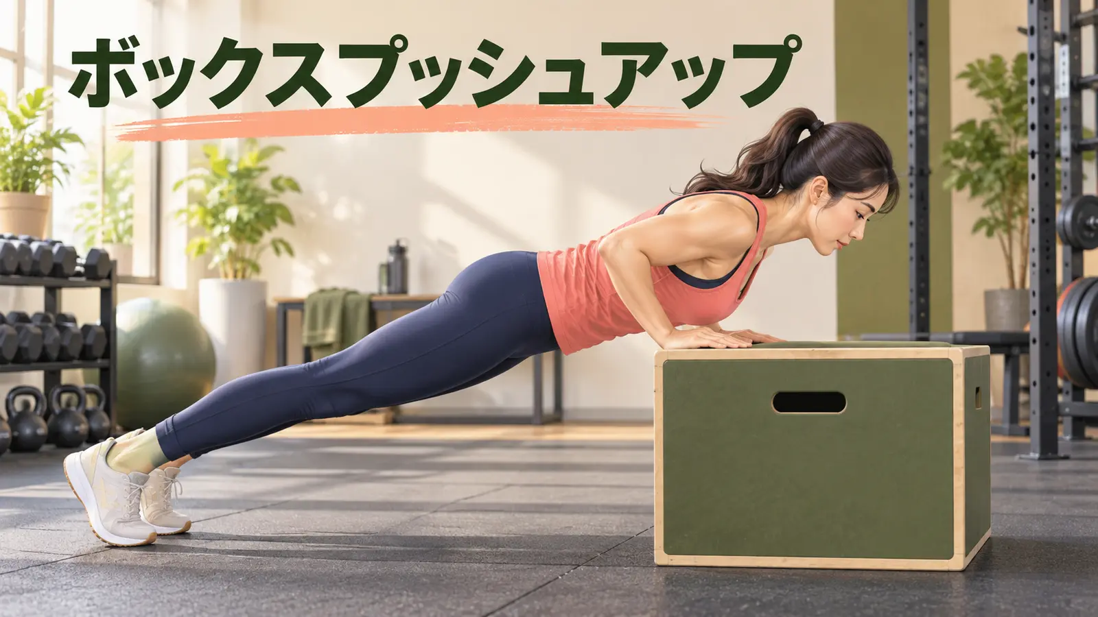 プライオボックスへ手を置く斜め腕立て伏せ