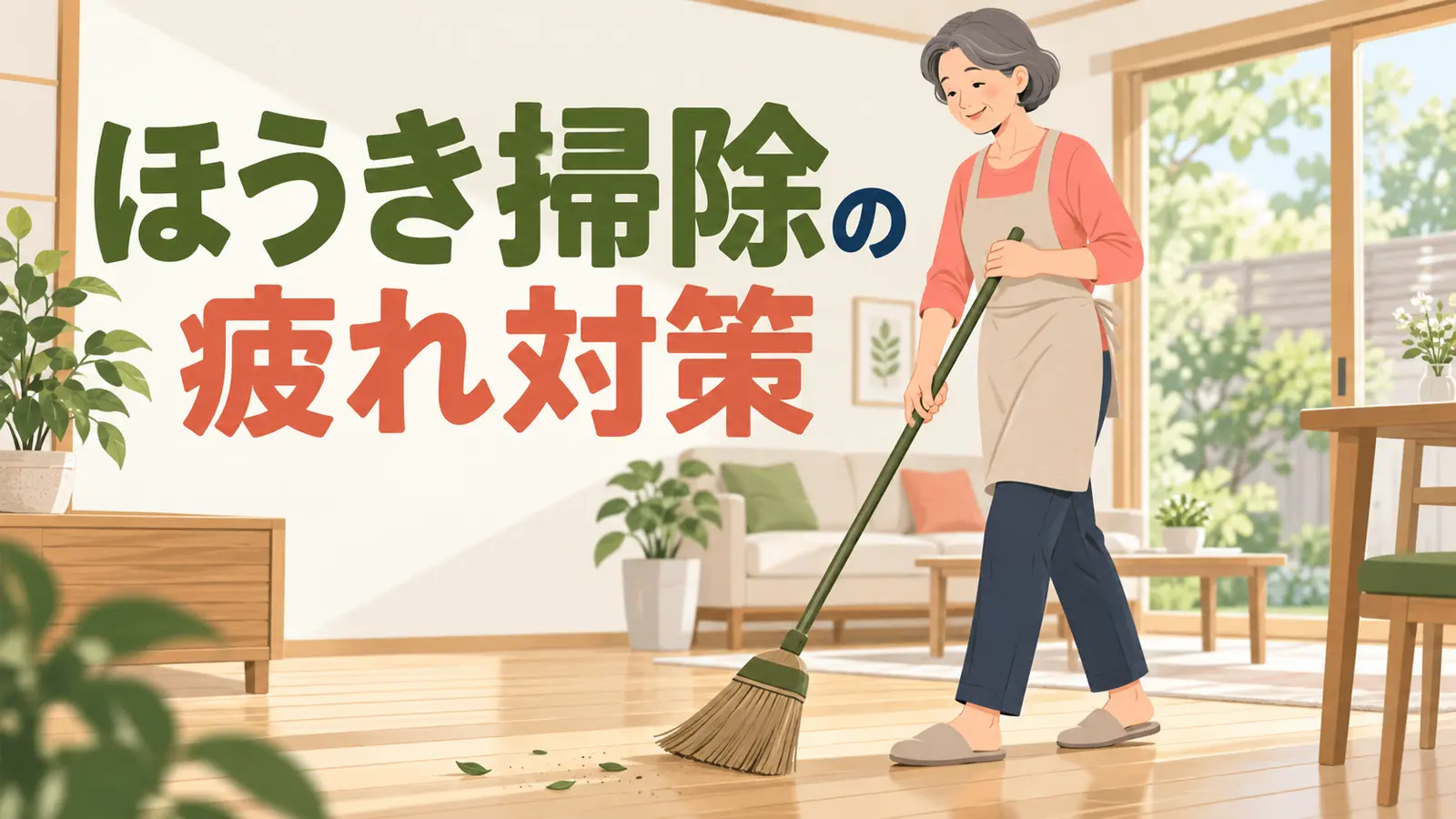 ほうきで姿勢よく床を掃除する中高年女性