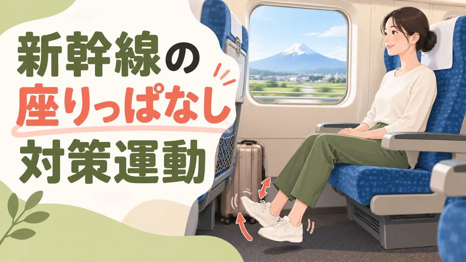 新幹線の座席で足首を動かす旅行者