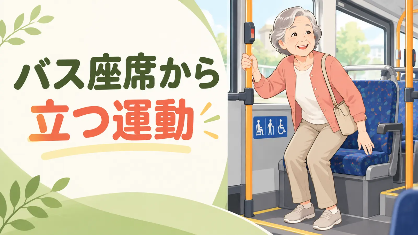 停車したバスで手すりを持ち立つ高齢女性