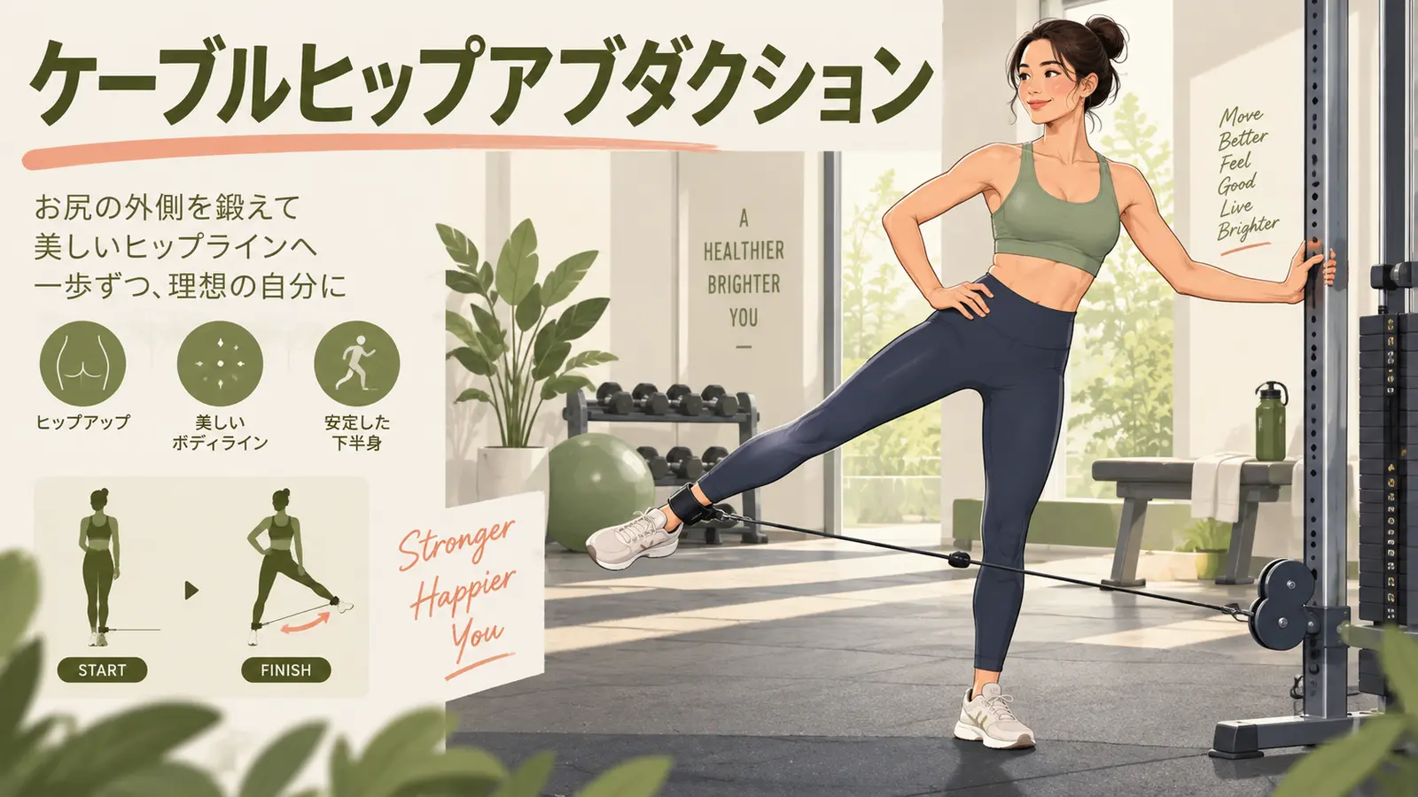 ケーブルヒップアブダクションを正しいフォームで行うイラスト