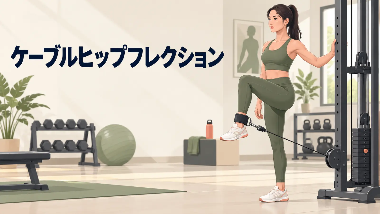 ケーブルヒップフレクションの設定とフォームを示すイラスト