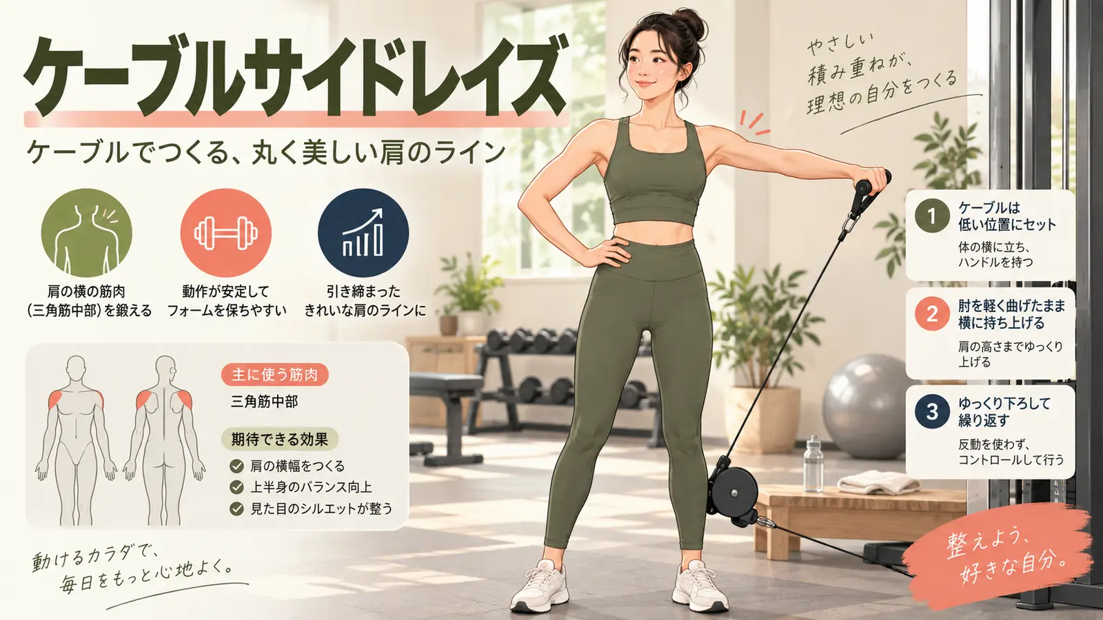 ケーブルサイドレイズを正しいフォームで行うイラスト