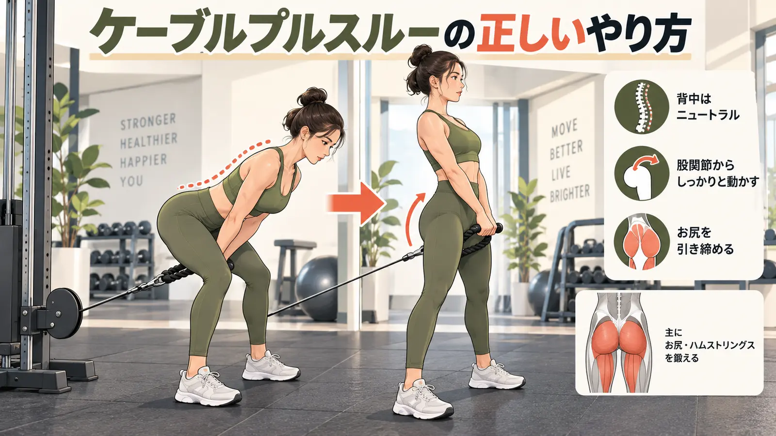 ケーブルプルスルーを正しい姿勢で行うイラスト
