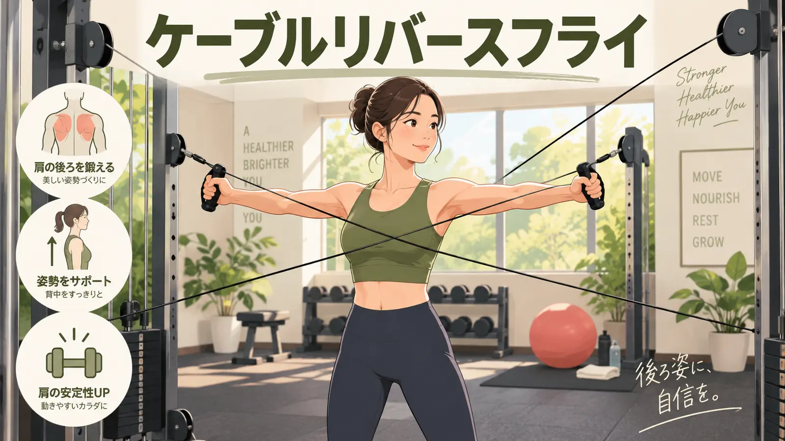 ケーブルリバースフライを正しいフォームで行うイラスト