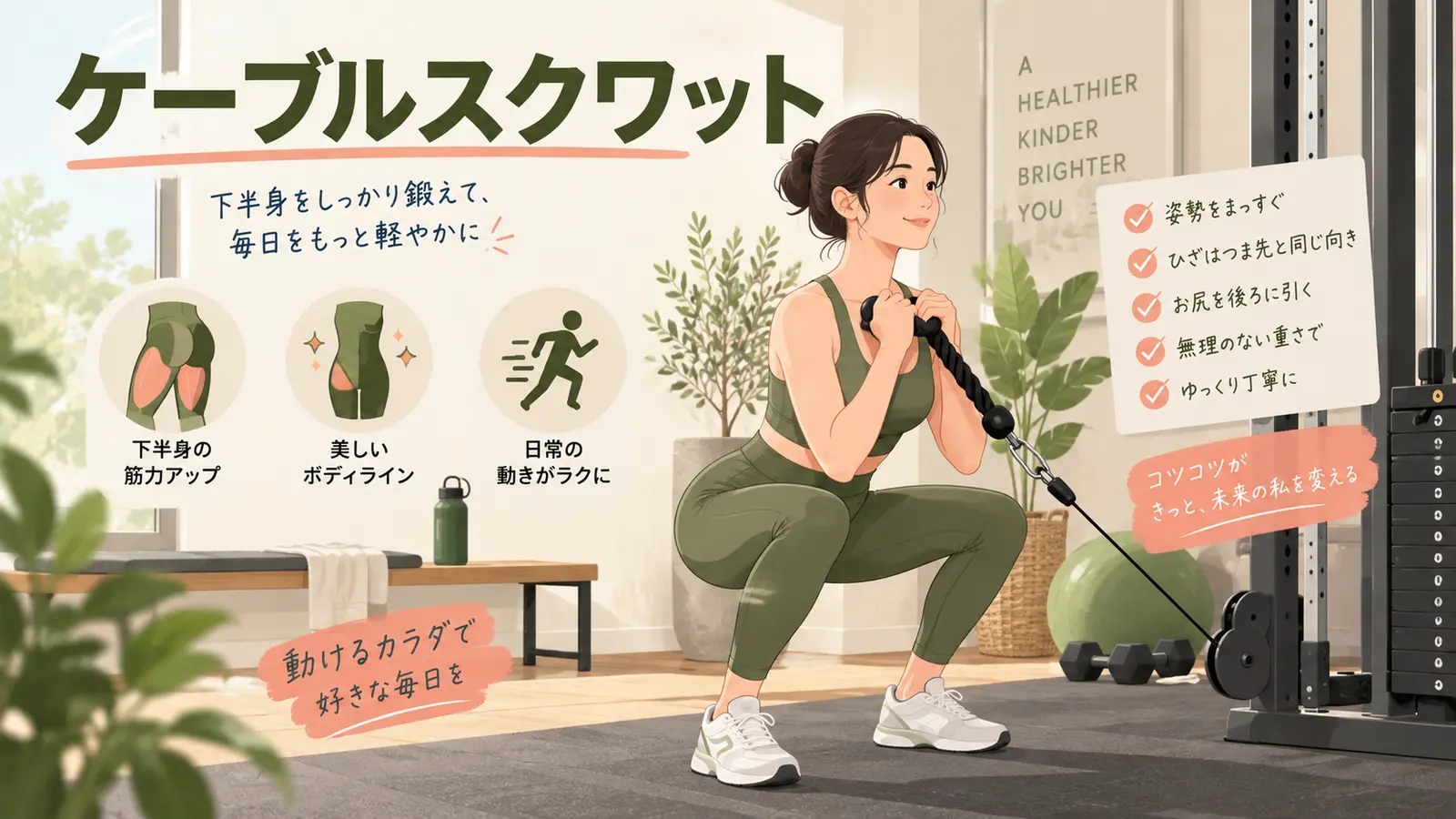ケーブルスクワットを正しいフォームで行うイラスト
