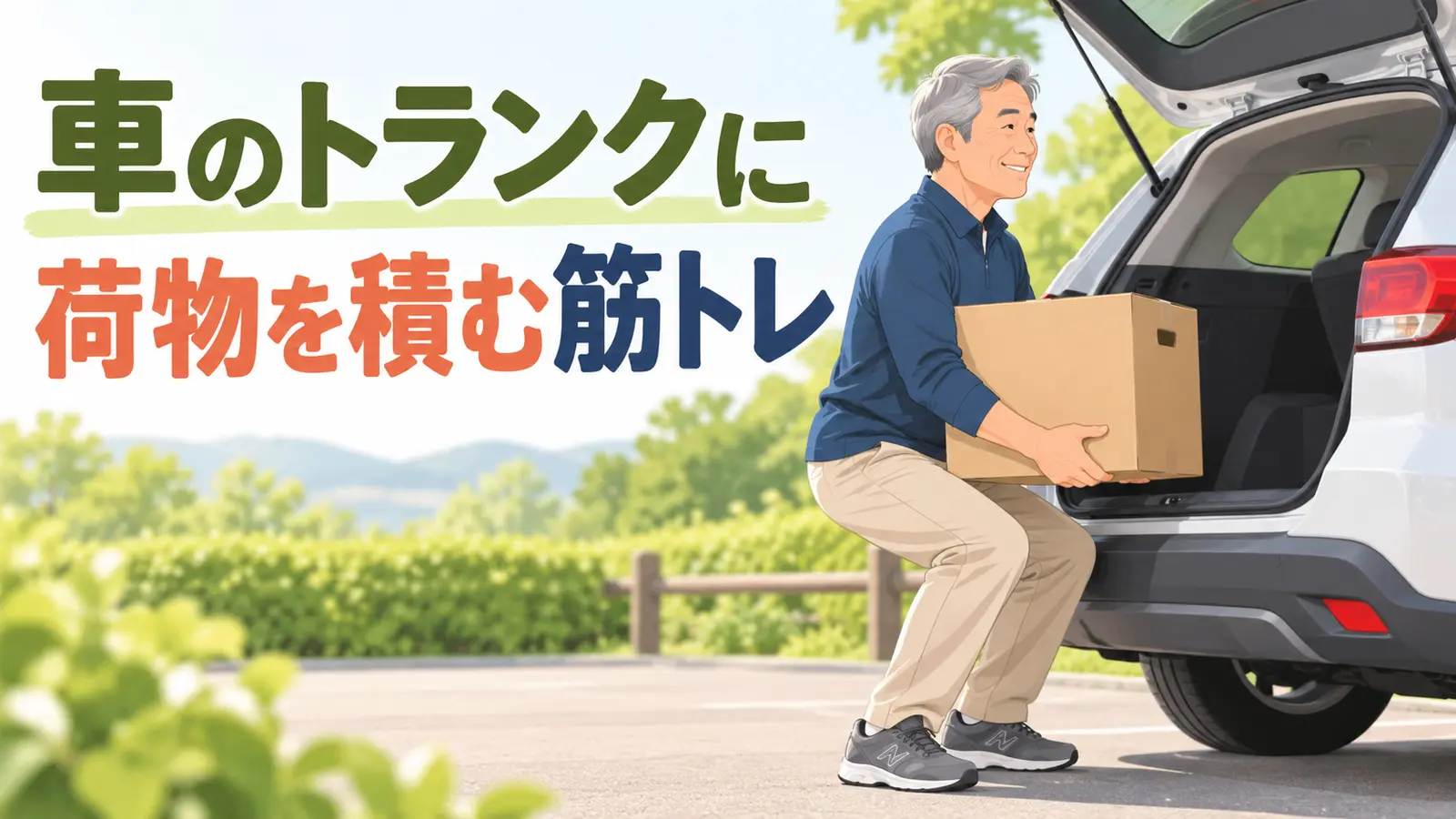車のトランクへ荷物を積む中高年向け筋トレ