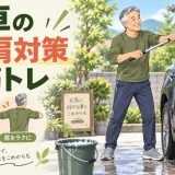 長い柄のスポンジで洗車する中高年男性